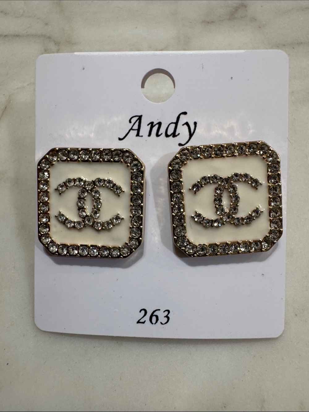 White and Gold Crystal Square Logo Stud Earrings
